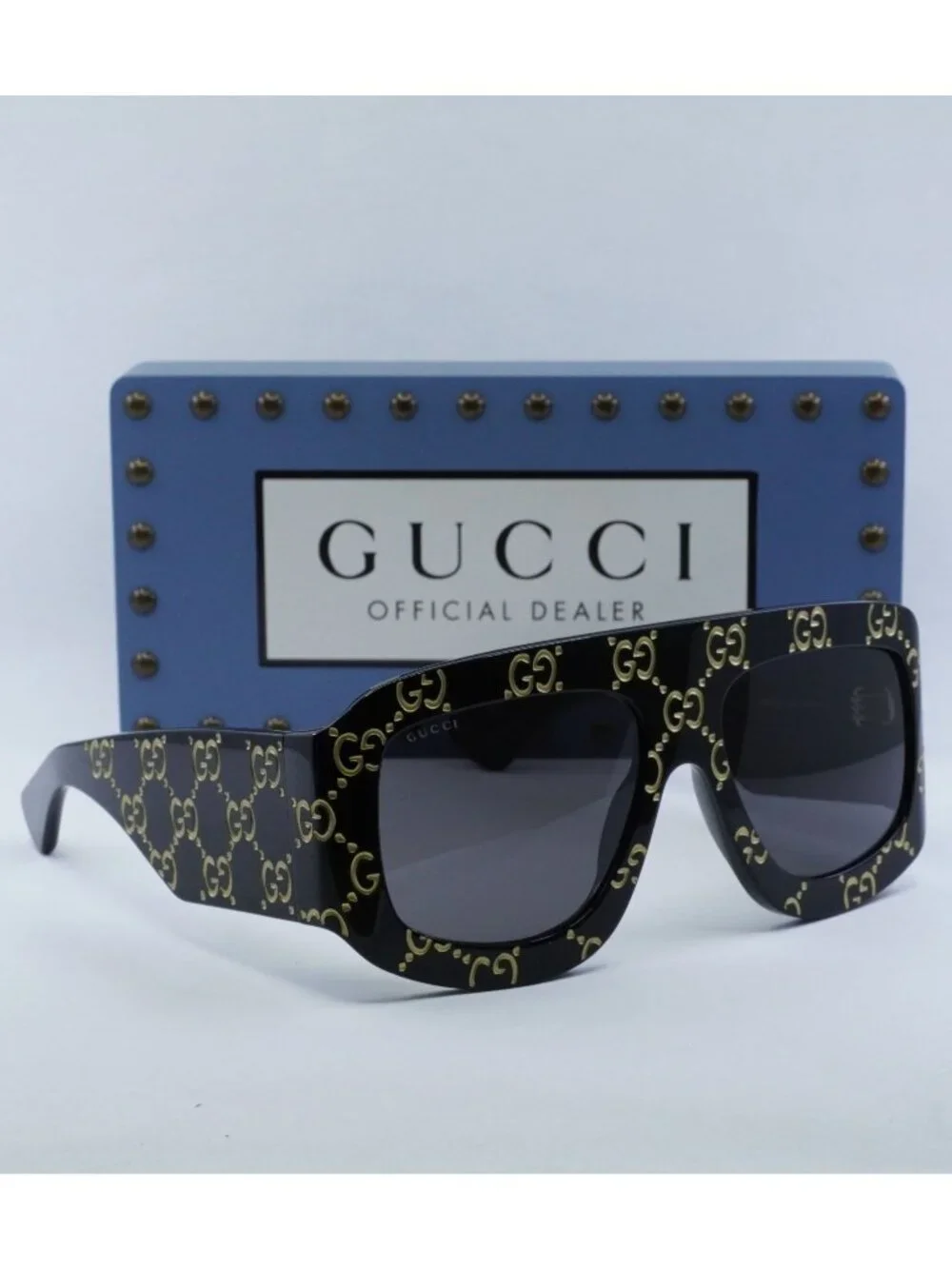 Gucci GG0983S 004 Square Sunglasses - Black With Gold GG Pattern / Grey